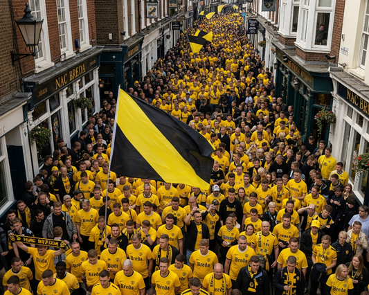 Honderden NAC Breda supporters in gele shirts en sjaals, met een grote zwart-gele diagonaal gestreepte vlag voorop, lopen massaal door een smalle straat in Norwich, omringd door bakstenen gebouwen en winkels. (AI afbeelding)