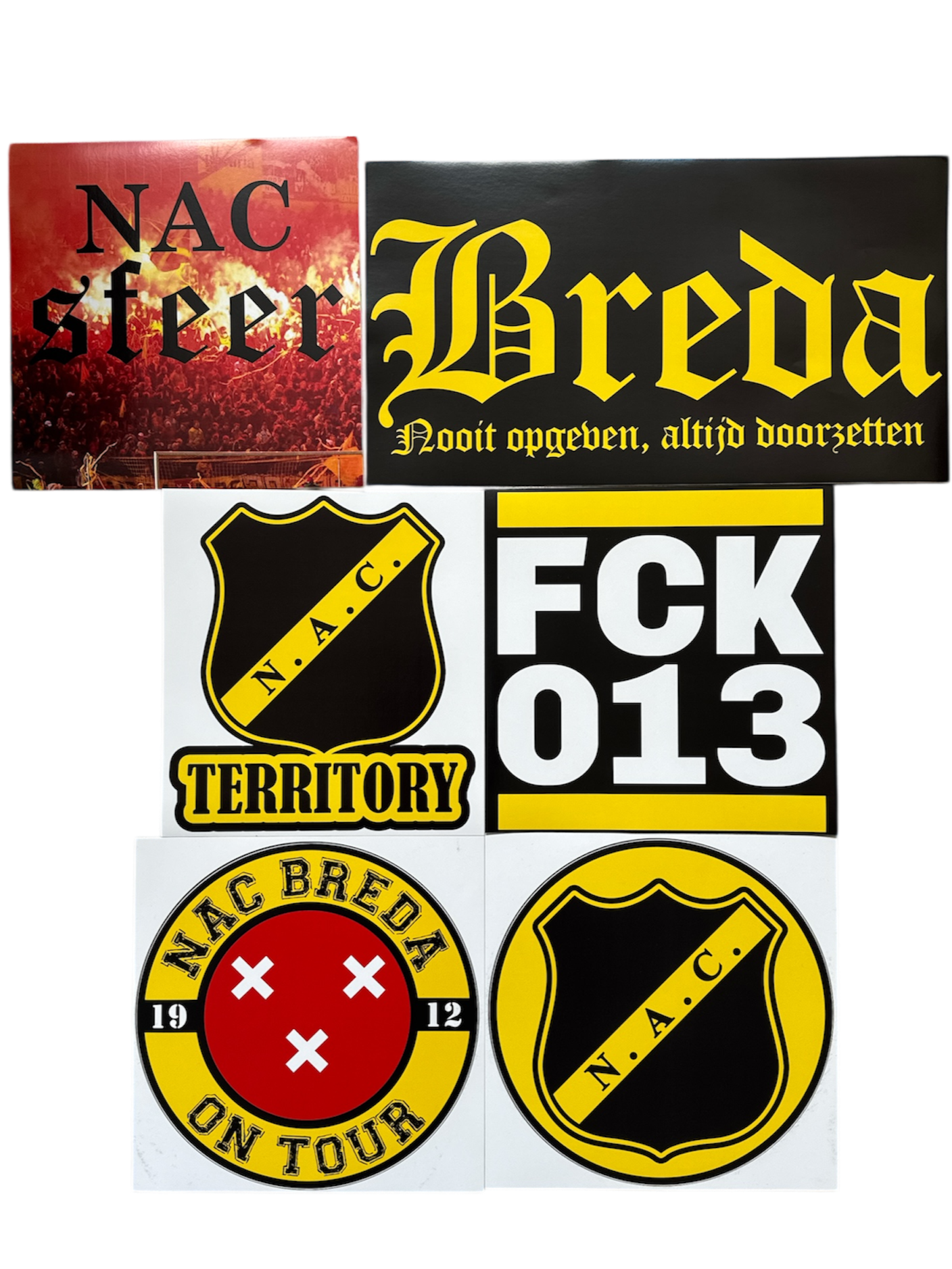 Een foto van alle XL stickers van NACsfeer, de NAC Breda Fan webshop. van Breda NOAD tot Breda on tour en ook de NAC rond, NAC territory en FCK 013 zitten er bij in