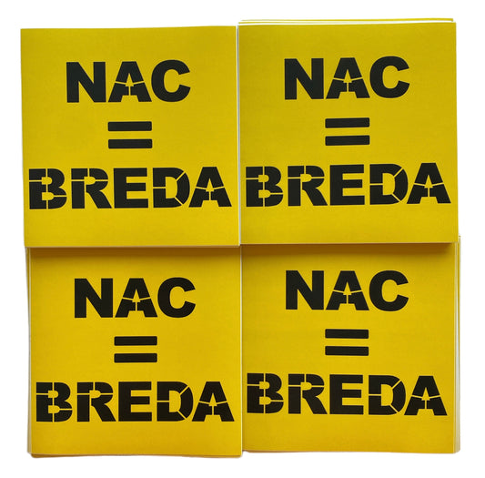 Deze foto toont vier gele stickers met de tekst "NAC = Breda" in zwarte, blokletterige letters. Deze stickers zijn perfect voor NAC Breda fans die hun clubliefde en verbondenheid met de stad Breda willen uiten. Ze zijn ideaal om te plakken op telefoons, laptops, auto's of andere persoonlijke spullen.