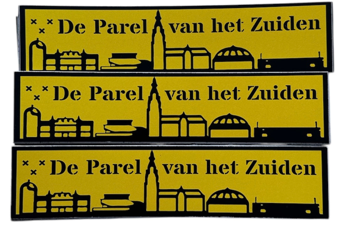 langwerpige stickers met als tekst de parel van het zuiden als afbeelding staat de skyline van breda erop