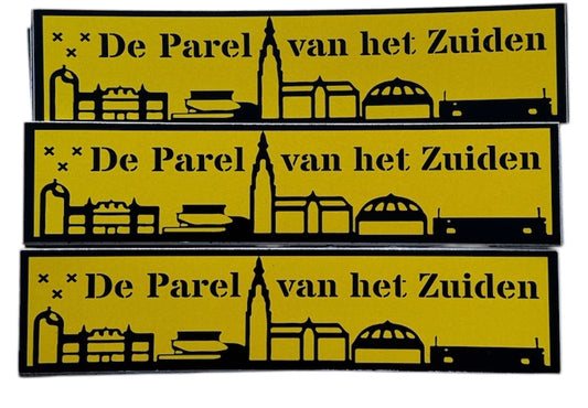 langwerpige stickers met als tekst de parel van het zuiden als afbeelding staat de skyline van breda erop