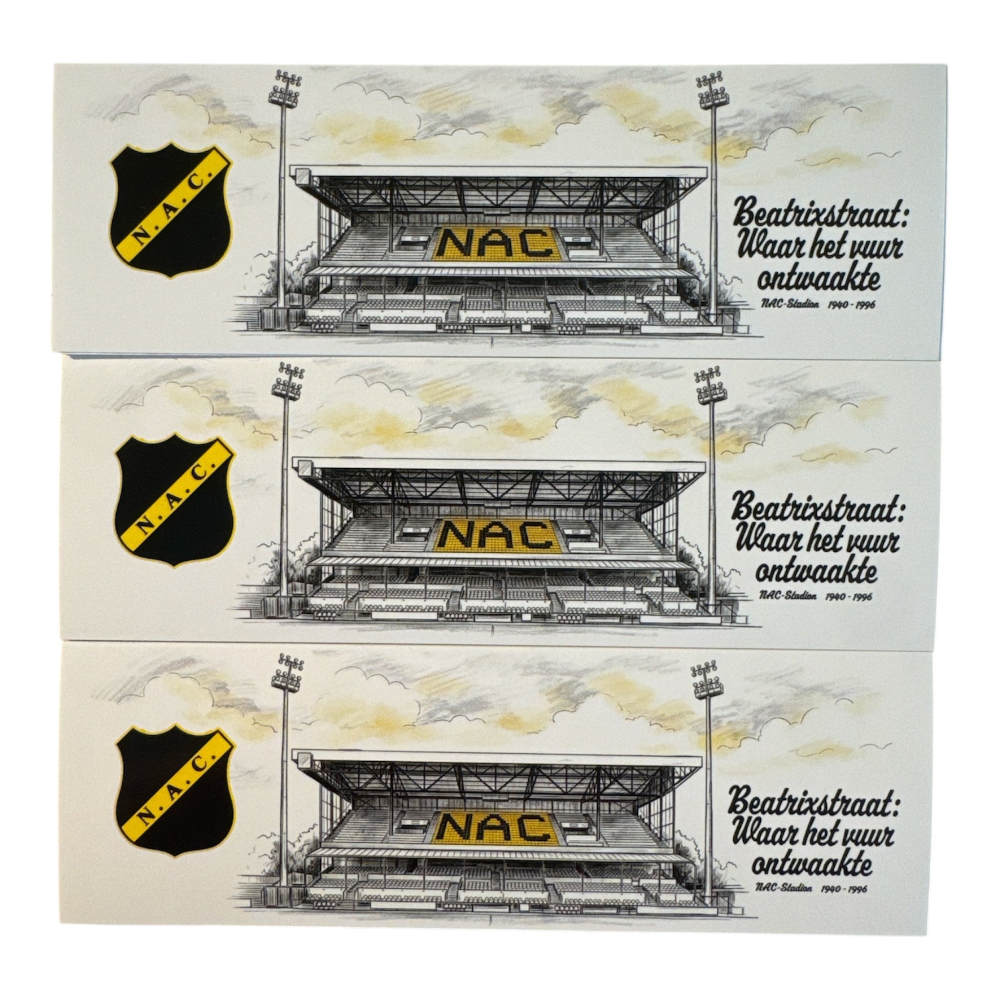 Drie NAC Breda stickers met een tekening van de oude tribune aan de Beatrixstraat en de tekst Beatrixstraat: waar het vuur ontwaakte