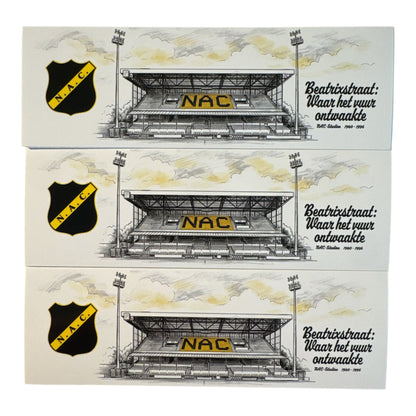 Drie NAC Breda stickers met tekening van de oude tribune aan de Beatrixstraat en de tekst "Beatrixstraat: waar het vuur ontwaakte"