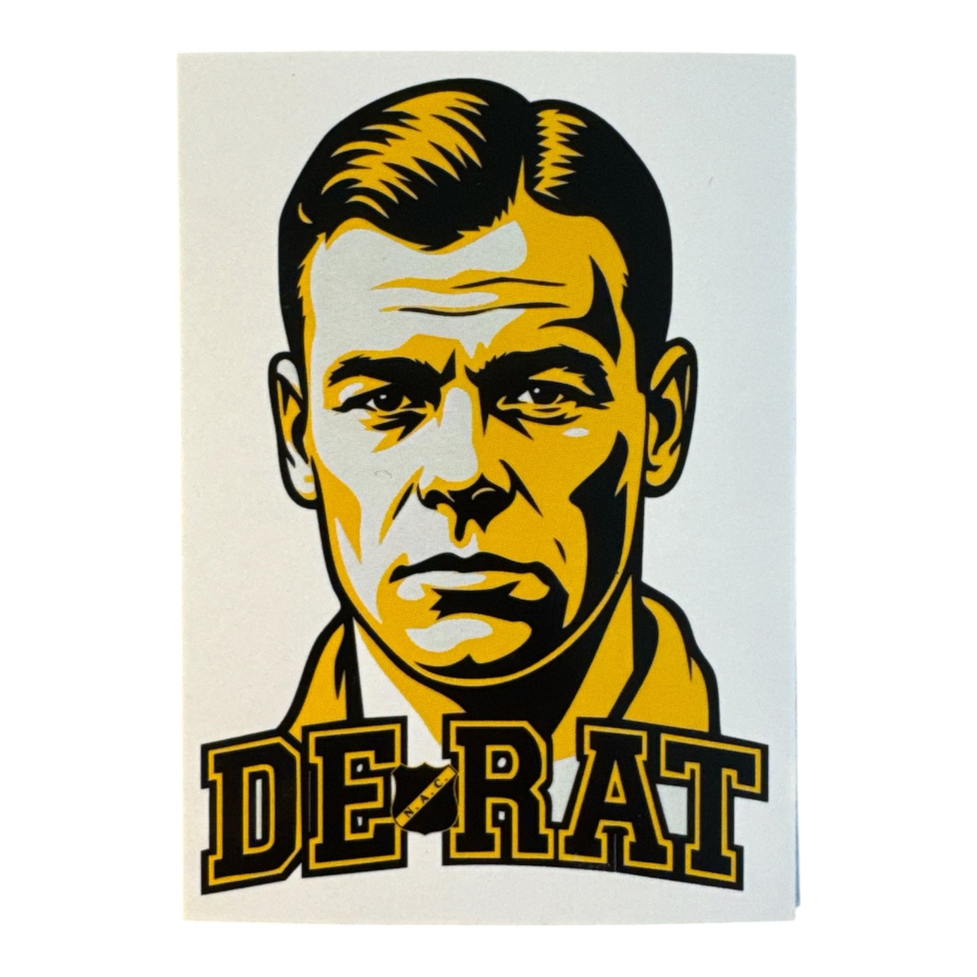 NAC Breda sticker met een geel-zwarte illustratie van Rat Verlegh en de tekst "De Rat"