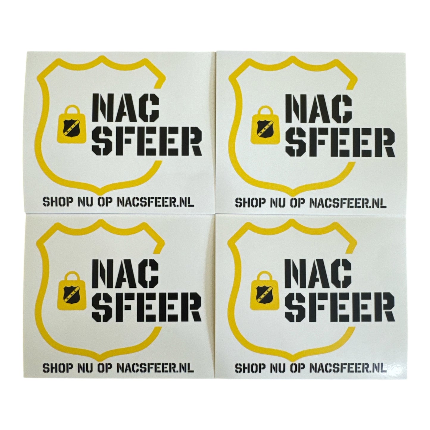 Vier witte NACsfeer stickers naast elkaar met geel schildlogo en de tekst "Shop nu op NACsfeer.nl"