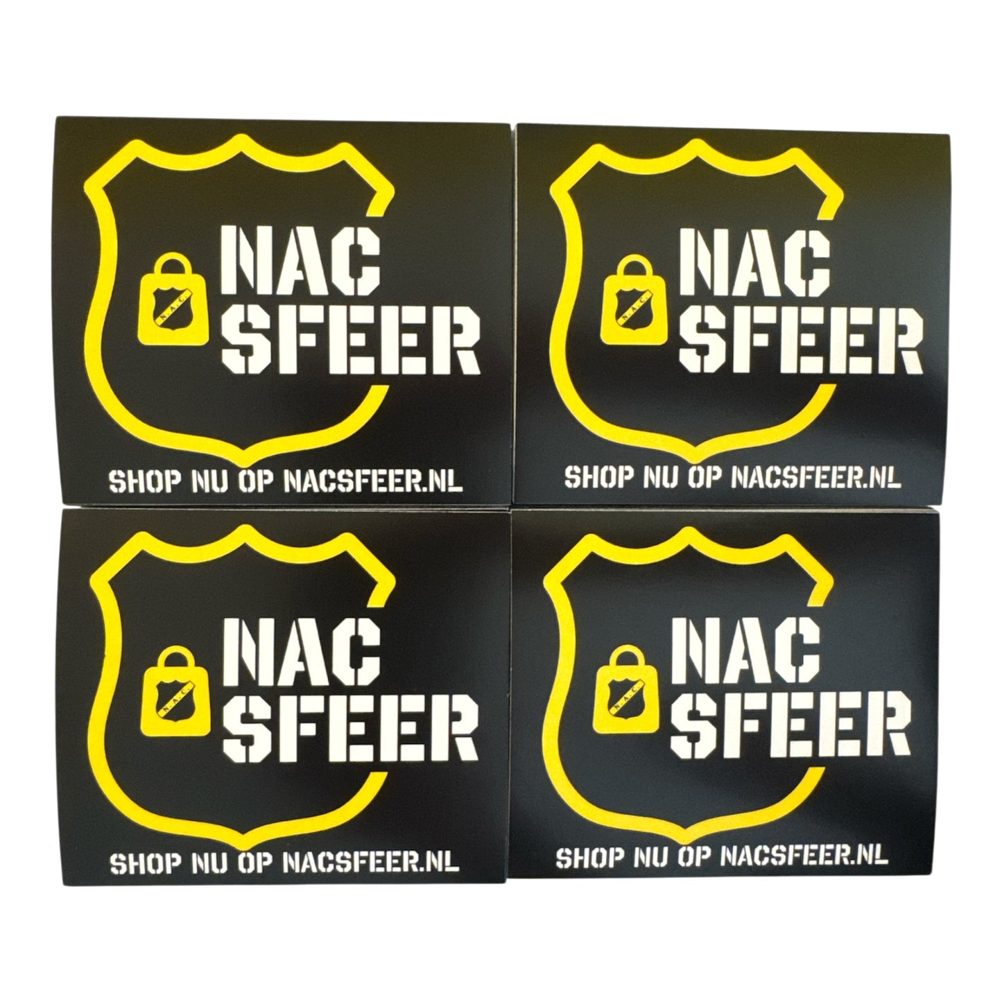 Vier NACsfeer stickers naast elkaar, zwart met geel schildlogo en de tekst "Shop nu op NACsfeer.nl"