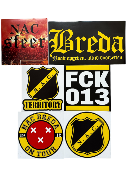 Een foto van alle XL stickers van NACsfeer, de NAC Breda Fan webshop. van Breda NOAD tot Breda on tour en ook de NAC rond, NAC territory en FCK 013 zitten er bij in