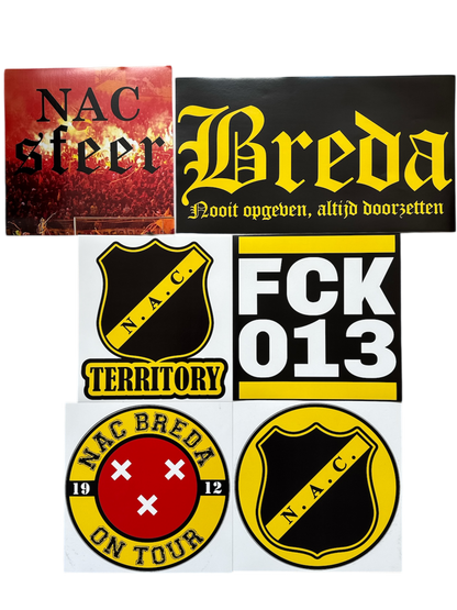 Een foto van alle XL stickers van NACsfeer, de NAC Breda Fan webshop. van Breda NOAD tot Breda on tour en ook de NAC rond, NAC territory en FCK 013 zitten er bij in
