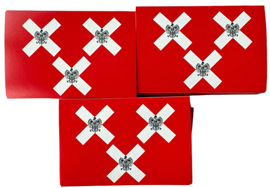 Deze foto toont drie rode stickers met witte Andreaskruisen en een afbeelding van de Poolse adelaar. Deze stickers herdenken de bevrijding van Breda door de 1e Poolse Pantserdivisie in 1944. Ze zijn perfect voor iedereen die zijn respect wil tonen aan de Poolse bevrijders van Breda. De stickers zijn ideaal om te plakken op telefoons, laptops, auto's of andere persoonlijke spullen.