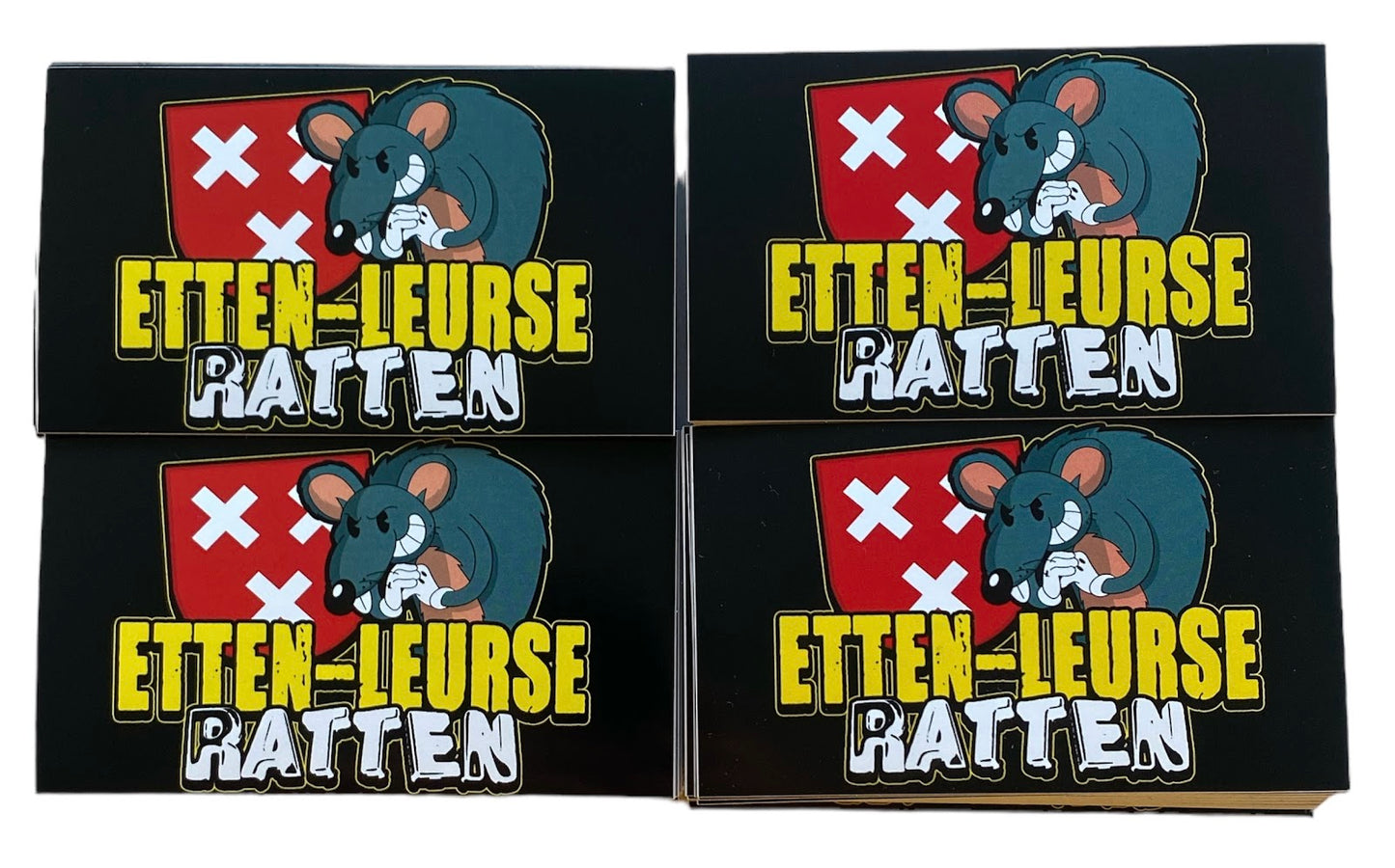 foto van de "Etten-Leurse ratten" stickers. Een sticker met een Rat en het wapen van Breda 