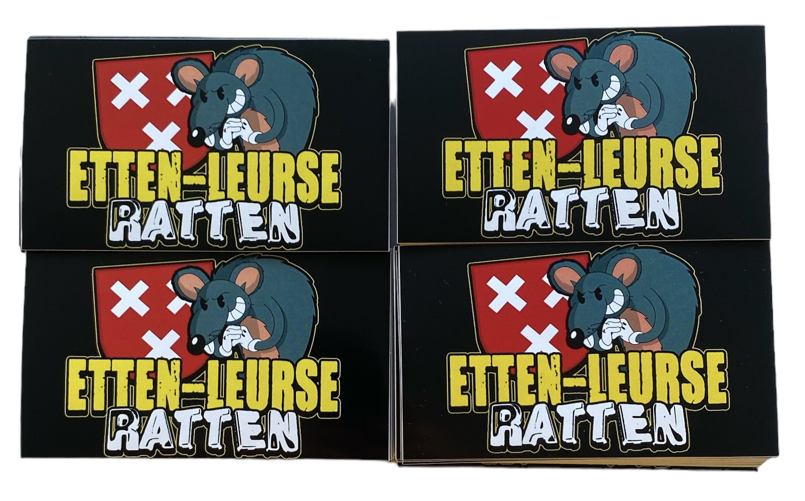 foto van de "Etten-Leurse ratten" stickers. Een sticker met een Rat en het wapen van Breda 