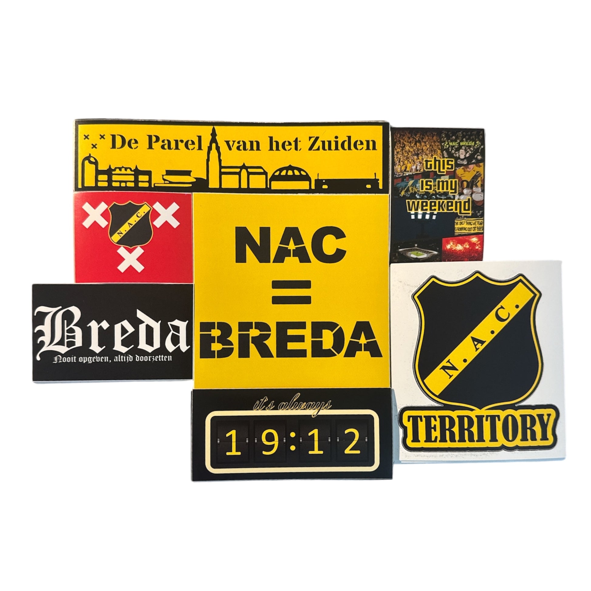 Een verzameling van zeven verschillende NAC Breda stickers in een pakket, met ontwerpen zoals 'De Parel van het Zuiden', 'NAC = BREDA', een klok-design met 'it's always 19:12' en het NAC-schild met 'TERRITORY', gepresenteerd op een witte achtergrond.