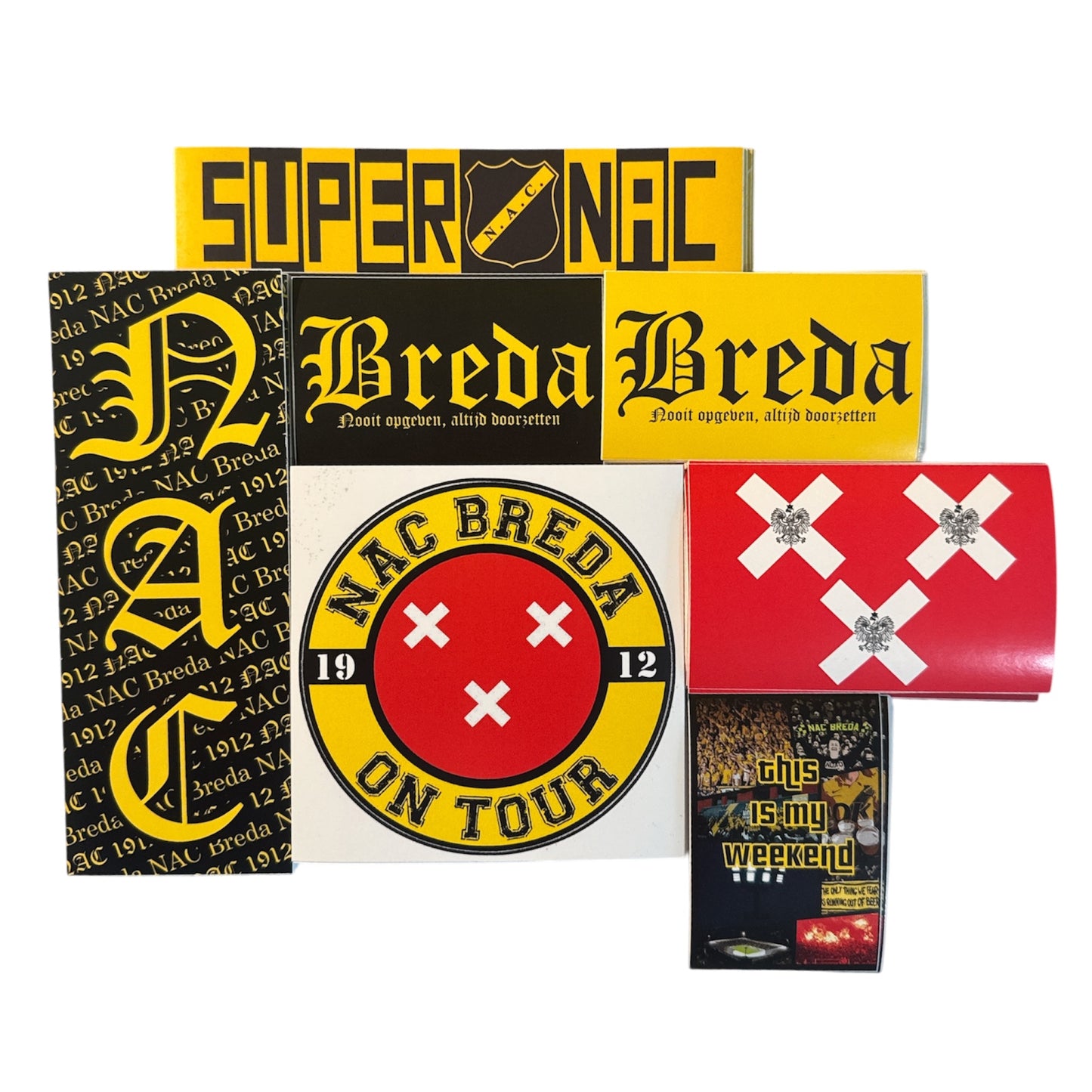 Collectie NAC Breda stickers van NACsfeer, inclusief Super NAC, Breda Nooit Opgeven Altijd Doorzetten, en NAC Breda On Tour ontwerpen