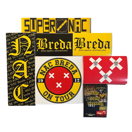 Collectie NAC Breda stickers van NACsfeer, inclusief Super NAC, Breda Nooit Opgeven Altijd Doorzetten, en NAC Breda On Tour ontwerpen