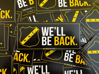 Stapel zwarte en gele NAC Breda stickers met de tekst 'We'll be back' en het oprichtingsjaar NAC Breda est. 1912, perfect voor supporters.